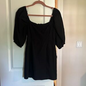 Black linen puff sleeve short dress